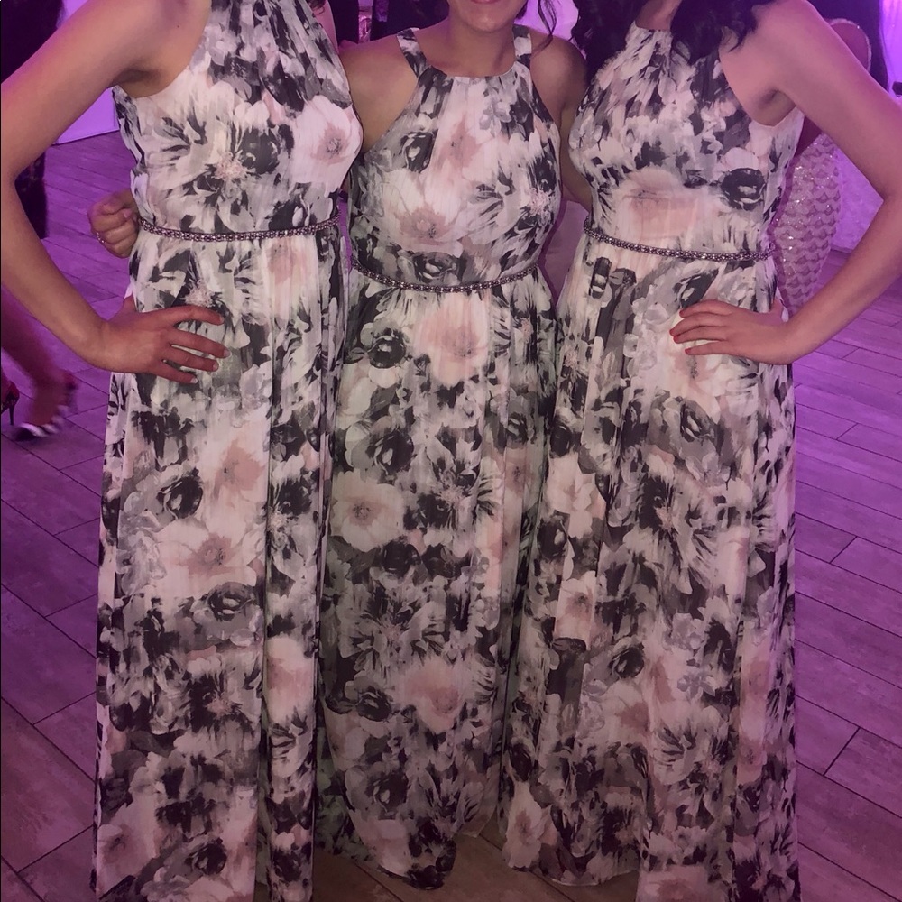 SLNY pink black and white floral gown